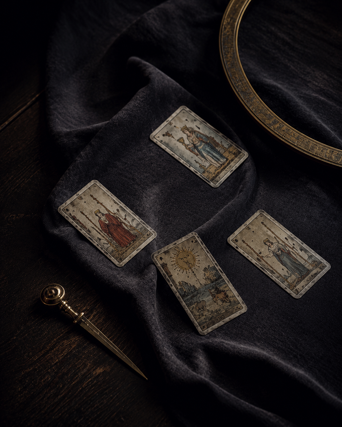 A restrained Tarot spread prepared for a relationship reading