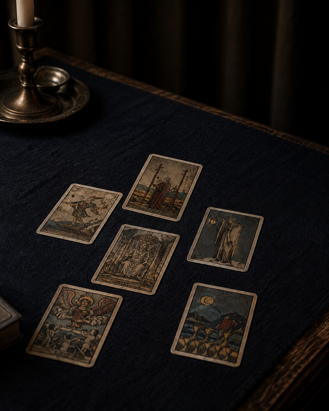 A restrained Tarot spread arranged on dark linen in preparation for a reading