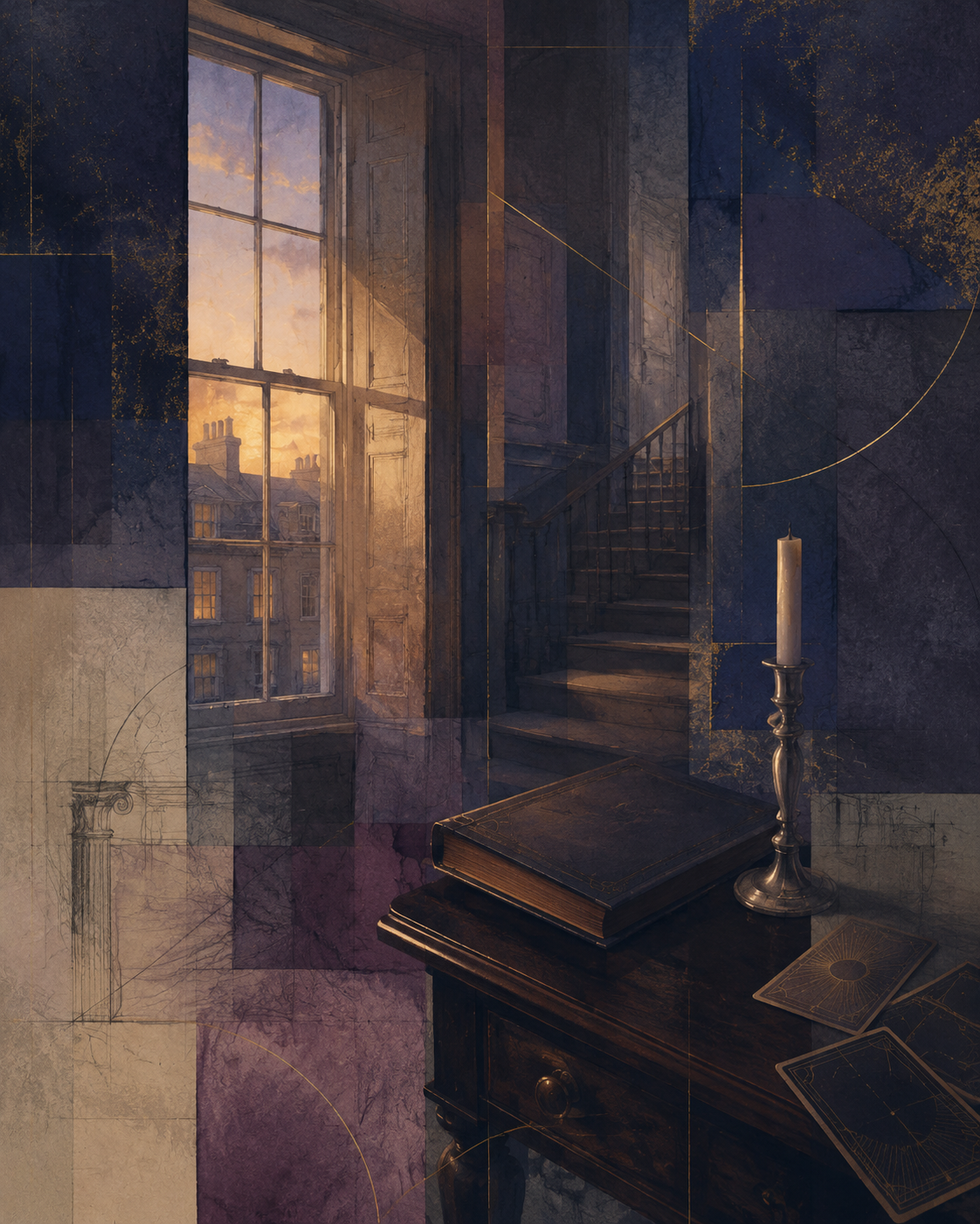 Abstract heirloom interior at dusk representing Liam's childhood discovery of Tarot